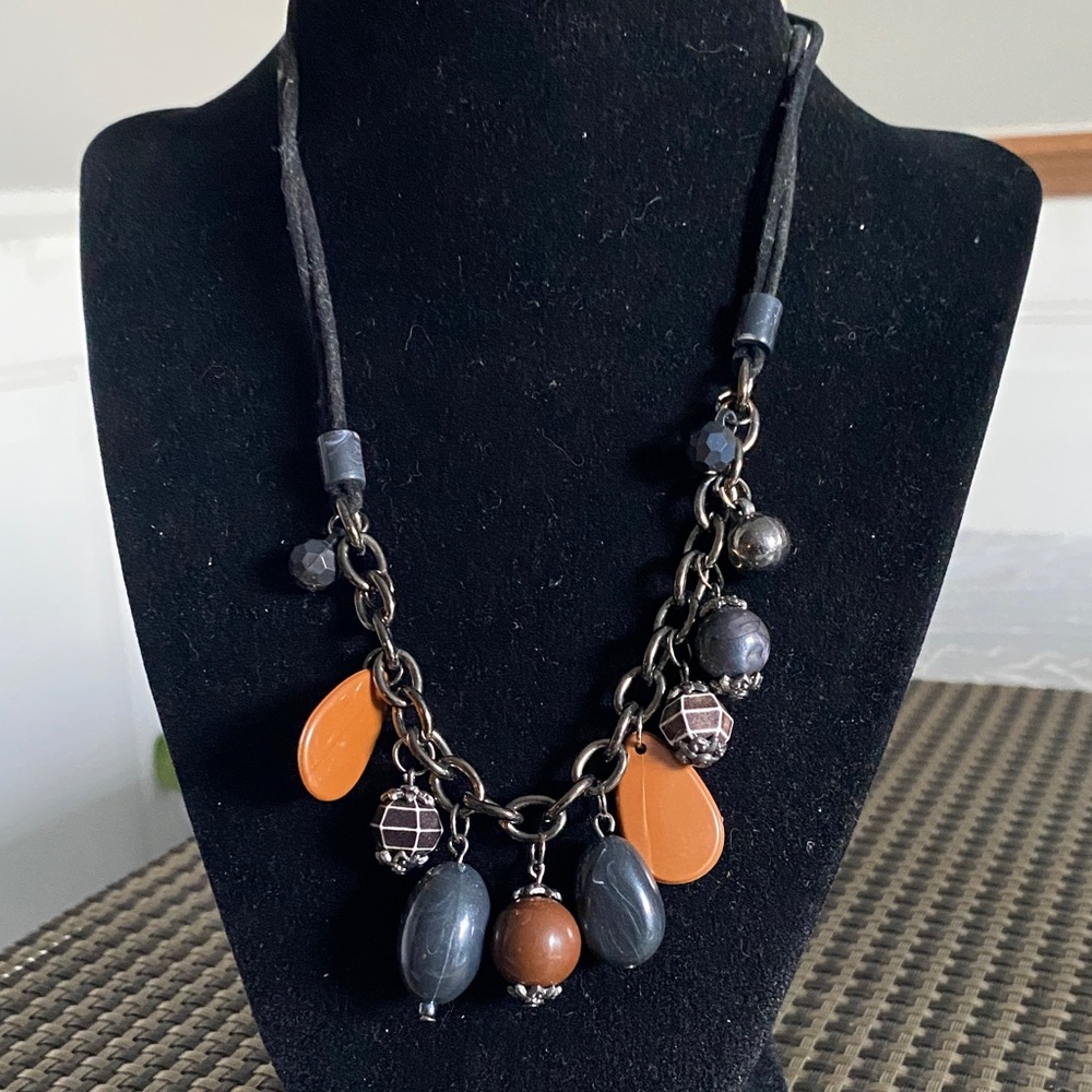 Statement Drop Necklace in Orange, Brown & Gray